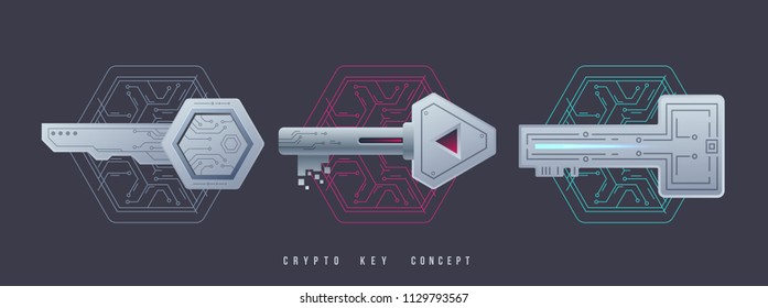 Crypto Keys Management Icons. Digital graphic symbols. Private keys for cryptocurrency. Global Digital technologies. Vector illustration