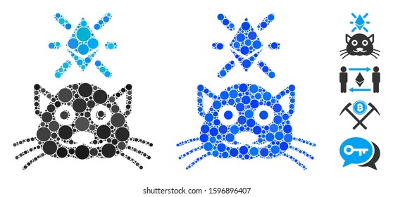 Crypto kitty composition of spheric dots in different sizes and color tones, based on crypto kitty icon. Vector dots are united into blue composition.