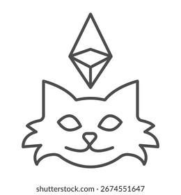 Krypto Kätzchen mit Ethereum dünnen Linie Symbol, NFT Multiverse Konzept. Vektorgrafiken. Katzenkopf mit Kristallform-Zeichen auf weißem Hintergrund, Umrissstil-Symbol für Mobil- oder Webdesign