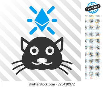 Crypto Kitty pictograph with 7 hundred bonus bitcoin mining and blockchain pictographs. Vector illustration style is flat iconic symbols designed for blockchain software.