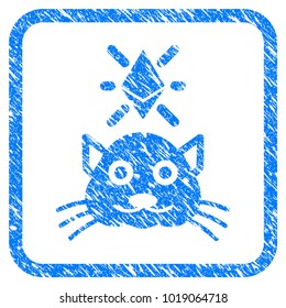 Crypto Kitty rubber seal stamp imitation. Icon vector symbol with grunge design and dirty texture inside rounded frame. Scratched blue sticker on a white background.