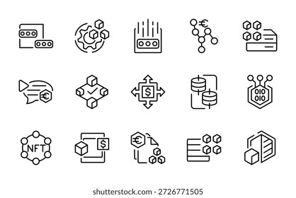 Symbolsatz für die Kryptobuchposition. Analytics, Cloud Computing, Blockchain, Block, Distribution, Sachkonto, Round Dezentralized Icon, Round Ledger Chain Icos. Symbolpaket für dünne Linien verwenden.