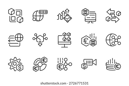 Conjunto de iconos de línea de Crypto Ledger. Análisis, computación en la nube, blockchain, bloque, distribución, libro mayor, icono redondo descentralizado, iconos redondo de cadena de libro mayor. Ui paquete de iconos de línea delgada.
