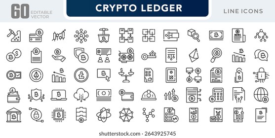 Crypto ledger linear icon set. Blockchain, finance, coin, digital currency, mining, bitcoin, exchange, cybersecurity, distribution, currency, wallet, outline vector icon set. UI thin line icon pack.