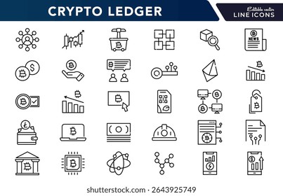 Crypto ledger linear icon set. Blockchain, finance, coin, digital currency, mining, bitcoin, exchange, cybersecurity, distribution, currency, wallet, outline vector icon set. UI thin line icon pack.