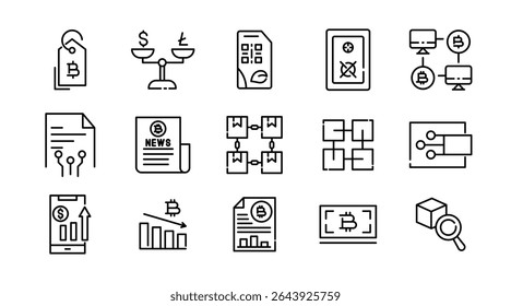 Crypto ledger linear icon set. Blockchain, finance, coin, digital currency, mining, bitcoin, exchange, cybersecurity, distribution, currency, wallet, outline vector icon set. UI thin line icon pack.