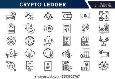 Crypto ledger linear icon set. Blockchain, finance, coin, digital currency, mining, bitcoin, exchange, cybersecurity, distribution, currency, wallet, outline vector icon set. UI thin line icon pack.