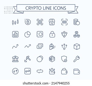 Crypto Line Mini Icons. Blockchain Web Icon Set. Editable Stroke. 24x24 Grid. Pixel Perfect.