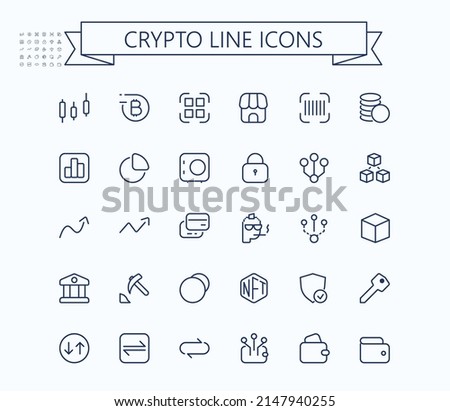 Crypto line mini icons. Blockchain web icon set. Editable stroke. 24x24 grid. Pixel Perfect.