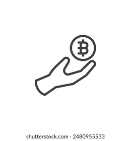 Icono de línea Crypto Loan. signo de estilo lineal para concepto móvil y Diseño web. Mano con icono de Vector de esquema de criptomoneda bitcoin. Símbolo, ilustración del logotipo. Vector gráfico