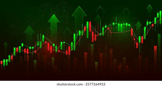 crypto market candlestick chart on dark background. red-green candlesticks with upside arrow indicate. analysis, investment, trading, cryptocurrency, business finance