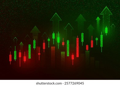 crypto market candlestick chart on dark background. red-green candlesticks with upside arrow indicate. analysis, investment, trading, cryptocurrency, business finance