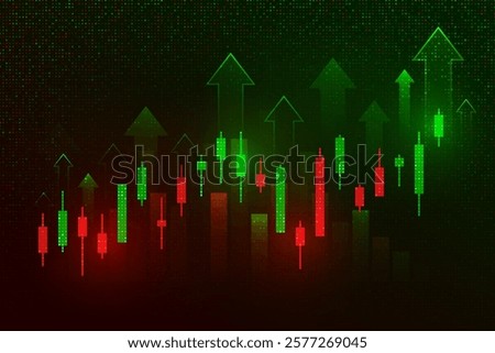 crypto market candlestick chart on dark background. red-green candlesticks with upside arrow indicate. analysis, investment, trading, cryptocurrency, business finance