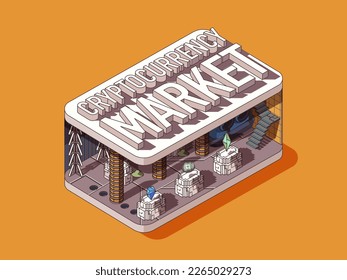 Crypto market concept in 3d isometric graphic design. Abstract mining farm, trading cryptocurrency online exchange platform. Vector illustration with people in isometric room interior for web banner