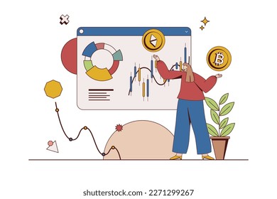 Crypto market concept with character situation in flat design. Woman analyzes data from different online exchanges and manages cryptocurrency wallets. Vector illustration with people scene for web