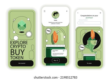 Crypto market concept onboarding screens. Cryptocurrency and blockchain technology, buy and sell bitcoins. UI, UX, GUI user interface kit with flat people scene. Vector illustration for web design