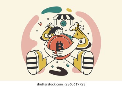Crypto market concept with people scene in flat retro design for web. Man trading bitcoins at cryptocurrency stock exchange platform. Vector illustration for social media banner, marketing material.