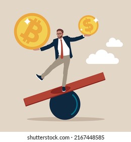 crypto market exchange value. Investor or trader balance portfolio with dollar coin and bitcoin. Investment portfolio with Bitcoin or crypto currency, buy or sell trading.