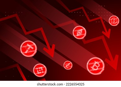 Crypto Market falling down vector illustration. Cryptocurrency price crash.Crypto coin burning red. Cryptograph stock market investment crisis, bear market.