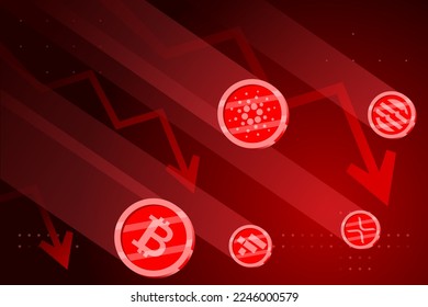 Crypto Market falling down vector illustration. Cryptocurrency price crash.Crypto coin burning red. Cryptograph stock market investment crisis, bear market.