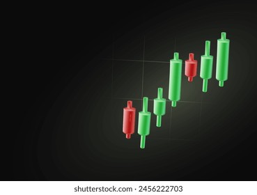 Crypto market stock market trading banner 3D. Sall and buy assets. 3D candlestick chart with rise price on stock market. Investments revenue growth. Vector illustration