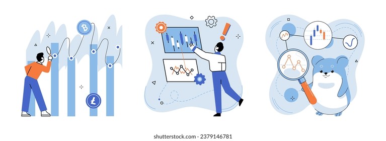 Mercado criptográfico. Ilustración vectorial. Las empresas en el sector de la criptografía requieren una profunda comprensión de la dinámica financiera El sector bancario se está adaptando a la creciente demanda de servicios relacionados con la criptografía