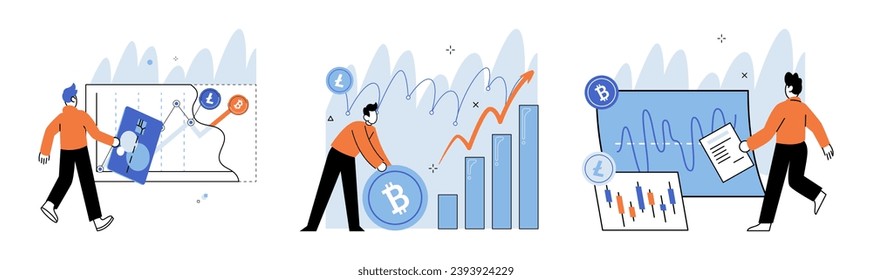 Kryptomarkt. Vektorgrafik. Das Verdienungspotenzial auf dem Kryptomarkt ist direkt mit den Marktbedingungen verbunden und Anlageentscheidungen Die Anlage von Kapital in Kryptoanlagen erfordert sorgfältige Prüfung