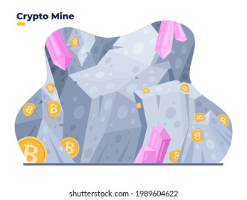 Crypto Mine Vector Flat Illustration. Digital Bitcoin Mine Konzept. Crypto Minen Höhle Konzept Illustration. Kann für Web-, Landing-Page-, Anwendungs-, Präsentations-, Motion-Grafik, Animation usw. verwendet werden
