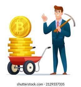 Crypto miner with pickaxe and wheelbarrow full of crypto coins concept illustration