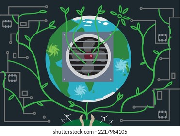 Crypto Mining affecting the Environment  concept or reverse idea where nature takes over pollution caused by heat in cryptocurrency servers. Editable Clip Art.