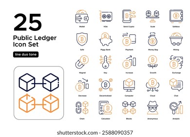 Crypto Mining and Blockchain Technology. Digital Currency, Nodes, and Security Icons. Vector Illustration. Oultine duo tone icon set