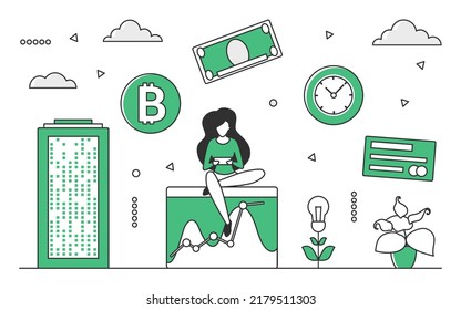 Crypto mining business. Cryptocurrency blockchain, validating stock market transactions monocolor vector illustration