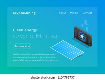 Crypto mining. Clean energy cryptocurrency miners concept isometric vector illustration. Landing page design