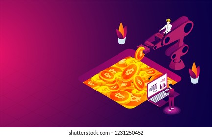 Crypto mining concept based isometric design, man working with robotic arm on glossy background.