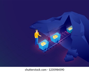 Crypto Mining concept based isometric design, crypto coins coming out from mine, man collect his virtual money.