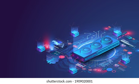 Crypto Mining concept. Creation, mining of Bitcoins. A data center, mainframe, or running futuristic graphics card on a blue background. Isometric vector illustration