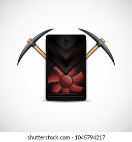 Crypto mining concept with PC and pickaxes on silver background.Vector illustration.