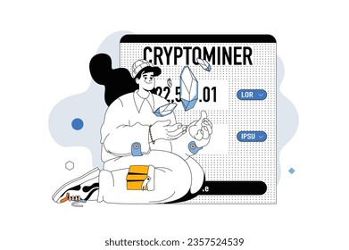 Crypto mining concept with people scene in flat line design for web. Woman mining bitcoins and cryptocurrencies, trading in cyberspace. Vector illustration for social media banner, marketing material.