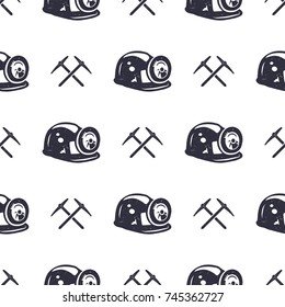 Crypto Mining concept seamless pattern, pickaxe and bitcoin wallpaper, crypto concept. Digital assets background. Vintage han drawn monochrome design. Stock vector illustration isolated on white.