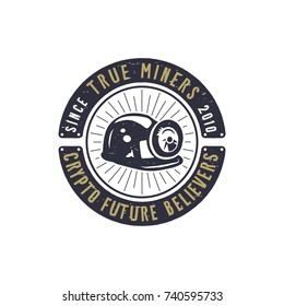Crypto mining emblem. Crypto currency label and concept. Digital assets logo. Vintage han drawn monochrome design. Technology patch. Stock vector illustration isolated on white background.