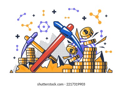 Crypto mining financial business technology vector. Miner equipment for earning digital money wealth in internet. Bitcoin coin network occupation in internet flat cartoon illustration