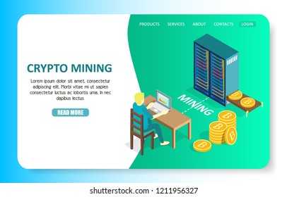Crypto mining landing page website template. Vector isometric illustration of bitcoin mining process.