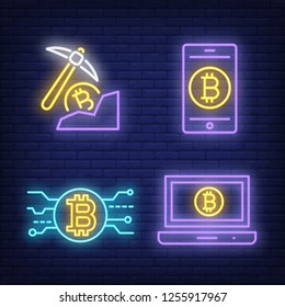 Crypto mining neon sign set. Pickaxe and bitcoin, smartphone, laptop on brick wall background. Vector illustration in neon style for topics like investment and cryptocurrency