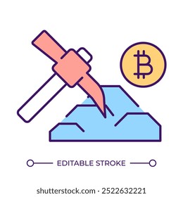 Crypto mining RGB color icon. Pickaxe striking rocks and cryptocurrency symbol. Digital currency. Blockchain. Isolated vector illustration. Simple filled line drawing. Editable stroke