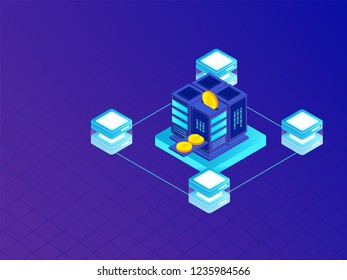 Crypto Mining or virtual to real money exchange concept, isometric crypto servers connected with money exchange machine on blue background.