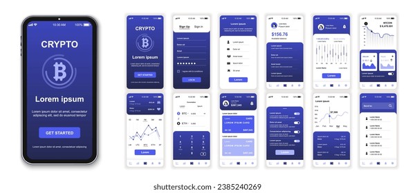 Crypto mobile app Interface Screens Template Set. Online-Konto, Finanzanalyse, Ertragskarte, Währungsumrechnungsplattform. Paket von UI, UX, GUI-Kit für das Web-Layout von Anwendungen. Vektordesign.