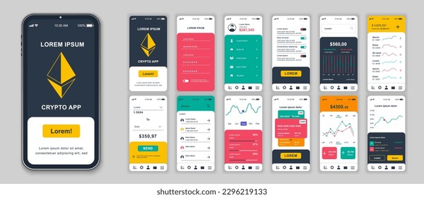 Crypto mobile app screens set for web templates. Pack of login, financial account, monitoring balance, exchange, investment, other mockups. UI, UX, GUI user interface kit for layouts. Vector design