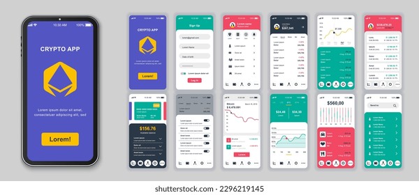 Pantallas de aplicación móvil criptográficas configuradas para plantillas web. Paquete de inicio de sesión, cuenta financiera, cambio de divisas, inversión en línea y otras maquetas. interfaz de usuario, UX, interfaz de usuario GUI para diseños. Diseño de vectores