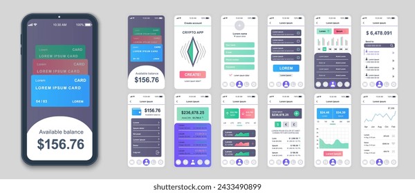 Pantallas de aplicaciones móviles criptográficas configuradas para plantillas web. Paquete de cuenta financiera, estadísticas de criptomonedas, análisis de datos de inversión. UI, UX, GUI kit de interfaz de usuario para diseños de teléfonos celulares. Diseño vectorial