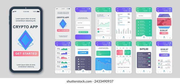 Crypto mobile app screens set for web templates. Pack of profile login, financial statistics, cryptocurrency datum, online trade. UI, UX, GUI user interface kit for cellphone layouts. Vector design